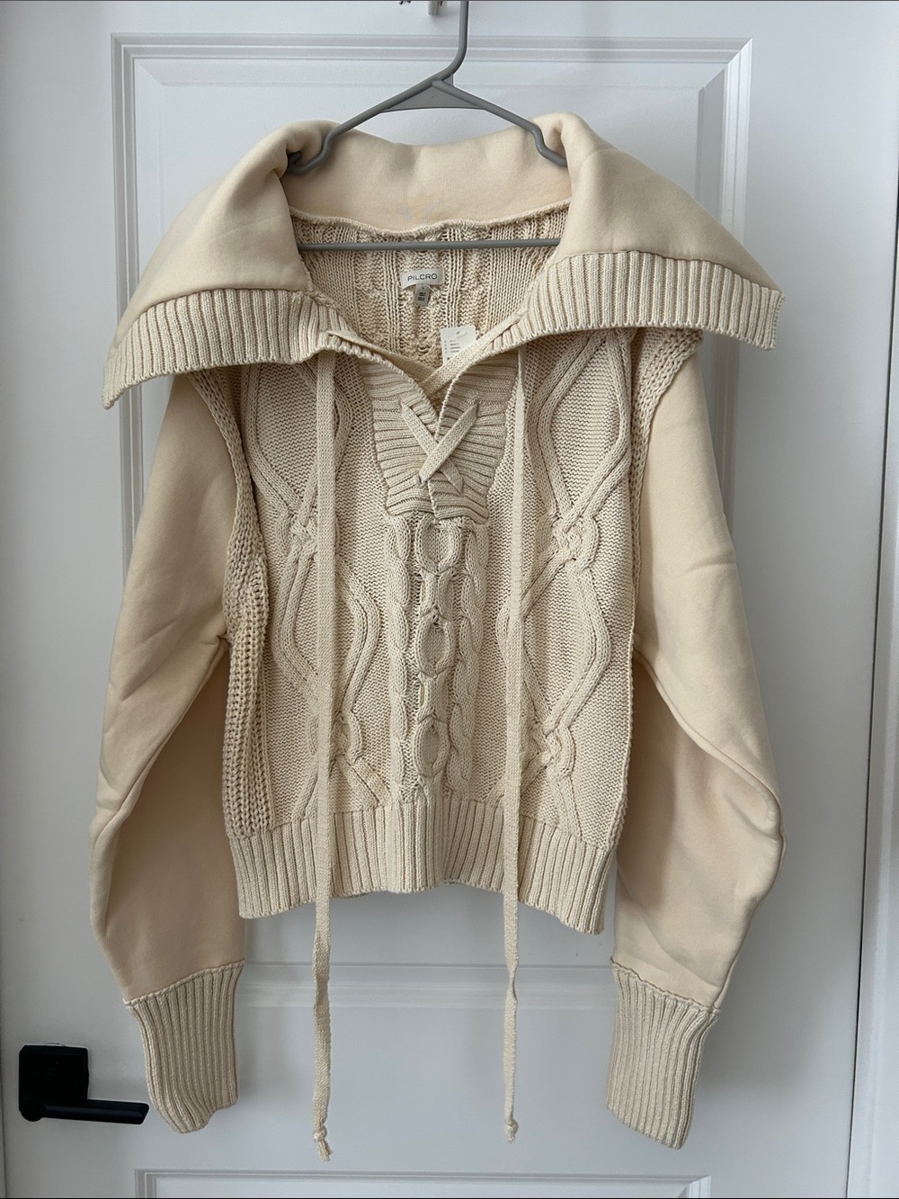 Pilcro Cream Cable-Knit Hooded Pullover Sweater